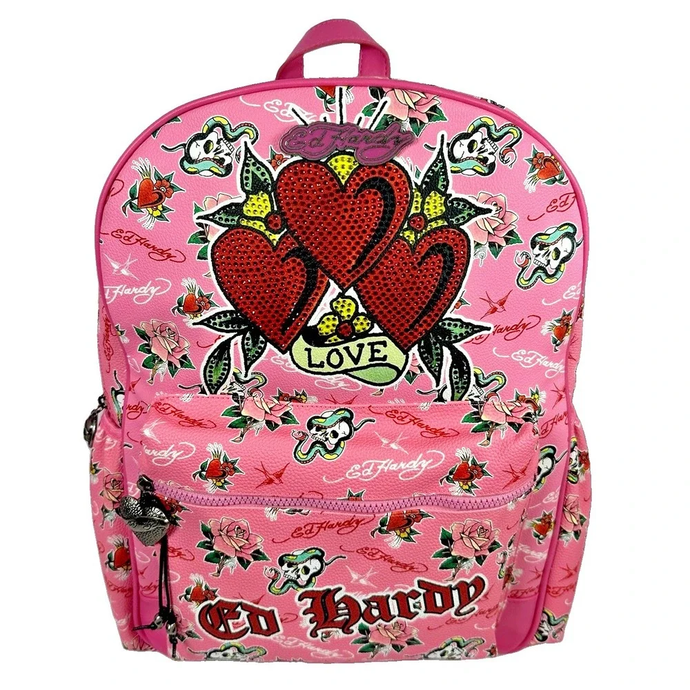 Ed Hardy Pink Multi Backpack NWT Rhinestone Hearts Skull Rose Tattoo Print Bag